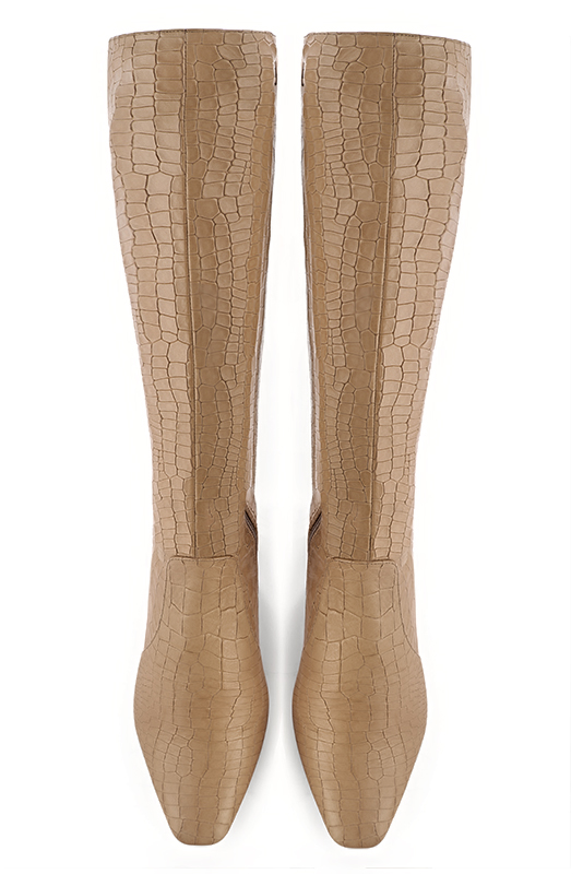 Camel beige women's feminine knee-high boots. Square toe. Medium block heels. Made to measure. Top view - Florence KOOIJMAN